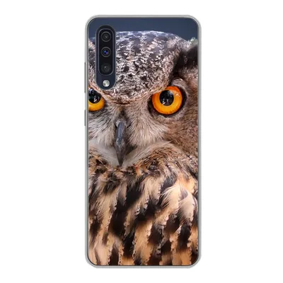 Produktbild von MuchoWow® Handyhülle Schutzhülle Hülle für Samsung Galaxy A30s Eine Nahaufnahme einer braunen Eule Silikon Softcase Handy Hülle - Karteninhaber