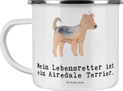 Produktbild von Mr. & Mrs. Panda Teetasse Airedale Terrier Lebensretter - Weiß - Geschenk, Teebecher, Haferl, Emaille Becher, Pott, Tasse