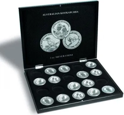 A black presentation box for coins, open to reveal the coins inside.