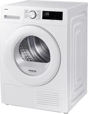A white Samsung heat pump dryer is shown from a three-quarter front angle against a white background.