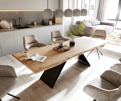 Produktbild von DELIFE Esstisch Edge 260x100 Akazie Natur V-Gestell Flachstahl Schwarz Live-Edge