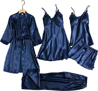 Produktbild von 5-teiliges Pyjama-Set für Damen, Nachthemd, Oberteil, Shorts, Hosen, seidig, Satin, Spitze, Patchwork, lockere Schnürung, Taille, dünnes Damen-Homewear-Set, Nachtwäsche-Set