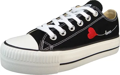 A single black low-top sneaker with a white platform sole and white laces, featuring a red heart and the word 'love' embroidered on the side.