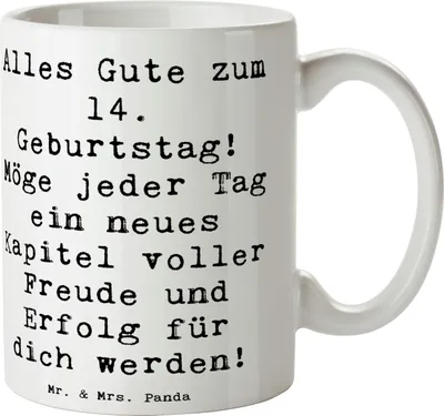 Produktbild von Mr. & Mrs. Panda Teetasse Spruch 14. Geburtstag - Weiß - Geschenk, schöne tasse, Geburtstagsgeschenk, Pott, Geburtstagsspruch, Geburtstagskarte, Junge, Becher, Träume