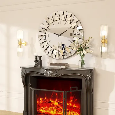 A decorative clock and fireplace in a living room setting.
