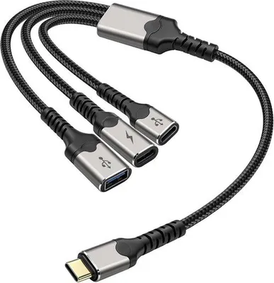 Produktbild von XMSJSIY USB-C Y-Adapter, Ladekabel, 1 Eingang, 3 Ausgänge: USB-C (Stecker) zu 2 USB-C (Buchse) und 1 USB-A (Buchse)