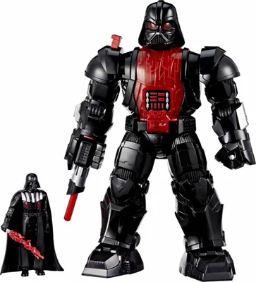 A large Darth Vader mech suit toy and a smaller Darth Vader action figure are displayed against a white background.