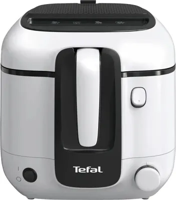 A white and black Tefal deep fryer is shown from the front.