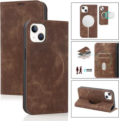 Collage of images showing a brown leather iPhone case with various features.