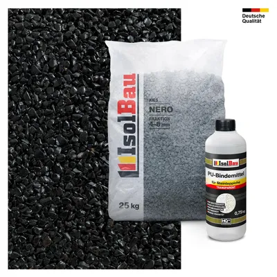 Isolbau Steinteppich Set Marmorkies 4-8 mm Nero Schwarz 25 kg - Inkl. PU-Bindemittel bis 2,5 m² Bodenbelag