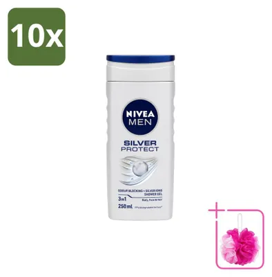 Imagen del producto de 10 unidades de gel de ducha Nivea Men Silver Protect 3 en 1 - 250 ml - Paquete ahorro - 10 piezas