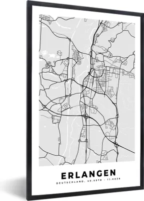 Produktbild von MuchoWow® Gerahmtes Poster Deutschland - Stadtplan - Erlangen - Karte 20x30 cm - Poster mit Schwarzem Bilderrahmen Wandposter Rahmen Foto Bilder - Drucken - Bilder Poster im Rahmen