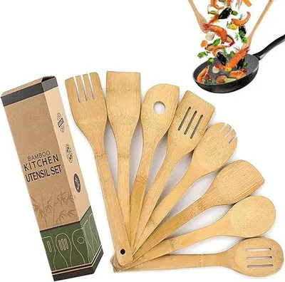 Image de Set d'ustensiles de cuisine en bois de bambou - Ustensiles de cuisine - 8 pièces - Matériau naturel