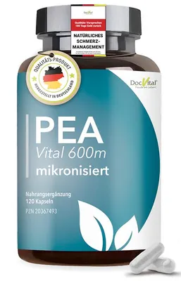 Produktbild von DocVital® PEA Kapseln MIKRONISIERT: 120 Kapseln hochdosiert 1200mg – Palmitoylethanolamide PEA Vital 600 in pharmazeutischer Qualität