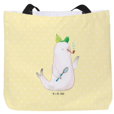 Produktbild von Mr. & Mrs. Panda Beutel Robbe Sherlock - Gelb Pastell - Geschenk, Laptoptasche, Tote Bag, Strandtasche, Lustige Sprüche, Tasche, Schultasche