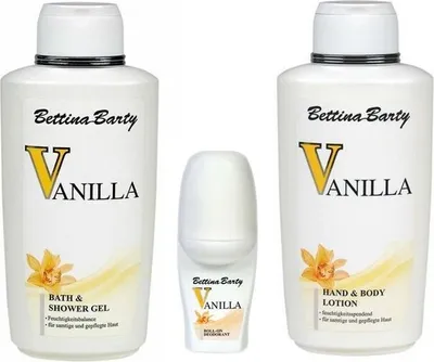 Produktbild von Bettina Barty Vanilla Bath & Shower Gel 500ml + Body Lotion 500ml + Deo Roll-On 50ml