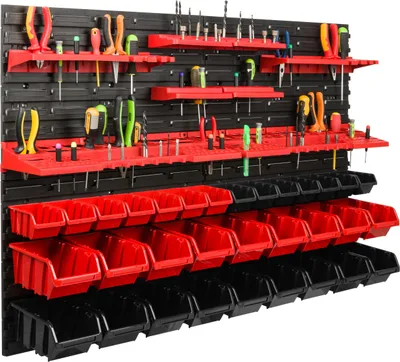 Obrázek produktu pro Skladovací systém Dílenské regály | 115 x 78 cm | 32 ks. Box | Nástěnný regál s držáky na nářadí a stohovatelnými boxy - Nástěnné desky Extra silné regály s přihrádkami Nástěnná deska s otvory pro nářadí Skladovací regály Garážové regály