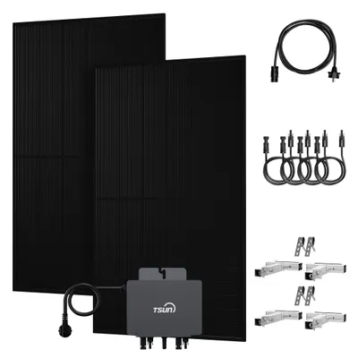 Produktbild von Powerness Balkonkraftwerk, 2x 500W PV Panel Bifazial Glas-Glas Solarmodul und TSUN 800W Mikrowechselrichter & 2x Balkon-Halterung(Silber) 0% VAT