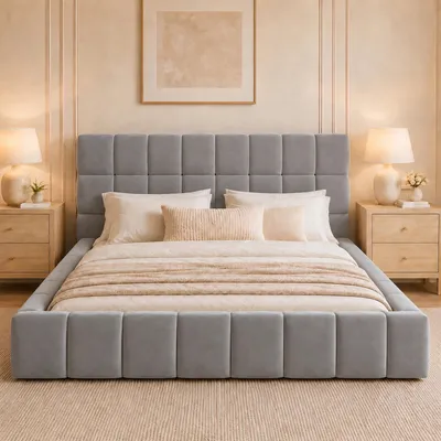 Immagine prodotto di Letto imbottito Flieks 140x200 cm con rete a doghe, letto matrimoniale per ragazzi con testiera imbottita, letto per bambini in legno con bordatura imbottita, velluto, grigio