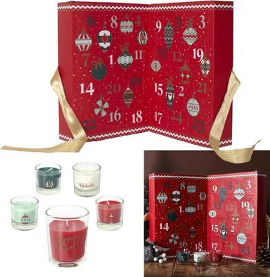 Luxuriöser Adventskalender mit 24 Duftkerzen in roter Geschenk-Box mit goldener Schleife.