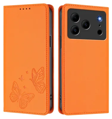 Image de Étui en cuir pour Doogee Note 56 / Note 56 Pro, étui de protection type portefeuille en cuir gaufré « papillon » avec support, couleur orange