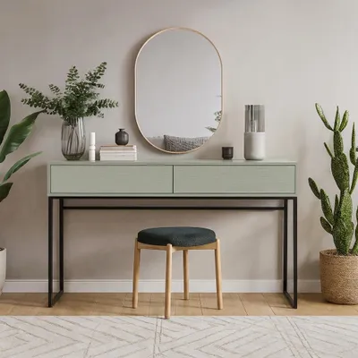 Produktbild von BEAUTYSOFA | GIANA Schminktisch 137 cm, Eukalyptus, Frisiertisch grifflos mit 2 Schubladen, Kosmetiktisch modern Konsole, Push-to-Open, Metallgestell