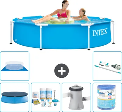 Immagine prodotto di Piscina Intex con struttura rotonda - 244 x 51 cm - blu - include copertura - pacchetto manutenzione - pompa filtro per piscina - filtro - telo di fondo - aspirapolvere