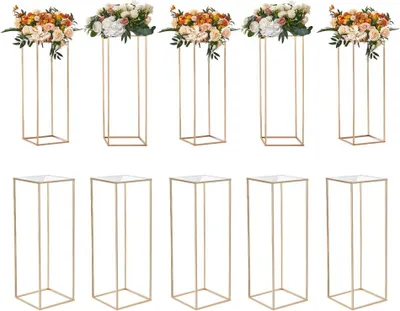 Image de set de 10 tabourets pour fleurs - Angulaire 28x28x80cm - Support pour fleurs en fer - Table d'appoint au design moderne - Colonne pour fleurs avec galvanisation or - Tabouret et support pour plantes - Support en métal pour la décoration de bars, hôtels et cafés