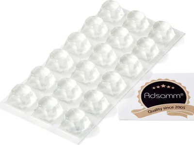 Produktbild von Adsamm® | 18 x selbstklebende Anschlagpuffer | 20 x 20 mm | Höhe: 13,2 mm | quadratisch | Transparent | Elastikpuffer zum Kleben |