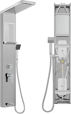 A shower panel system is shown from the front and the back, against a white background.