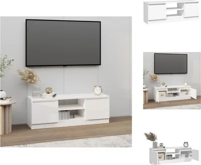 A white TV stand with a large flat-screen TV mounted above it.