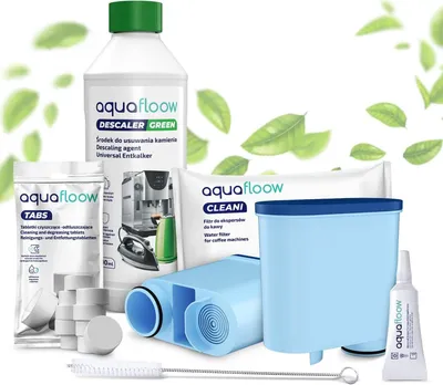 Produktbild von Aquafloow Rundum-Pflegeset für Kaffeevollautomaten – 2x Cleani Wasserfilter Kompatibel mit Philips Saeco CA6903, 500ml Entkalker, 10 Reinigungstablett