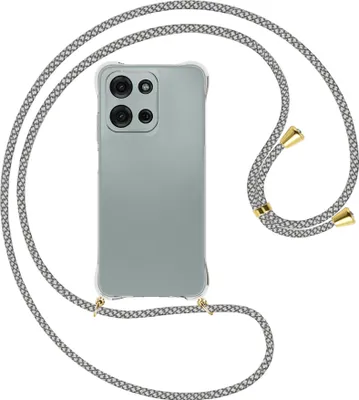 Produktbild von Handykette Backcover-Schutzhülle mit Band (Metall goldfarben) für Motorola Moto G Play 4G (2025) - weiß/grau kariert