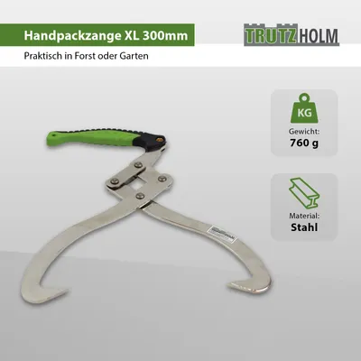 A product shot of a handpackzange (log grabber) with descriptive text and specifications on the right side.