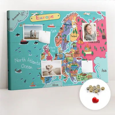 Imagen del producto de Tablero de corcho con chinchetas – Tablero con chinchetas para fotografías y notas – 100x70 cm – 100 chinchetas metálicas – Mapa de Europa