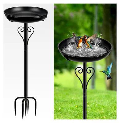 Produktbild von Stehende Vogeltränke, Futter- und Wasserbecken für den Garten, Metall Vogelbad für Wildvögel, winterfest (Schwarz)