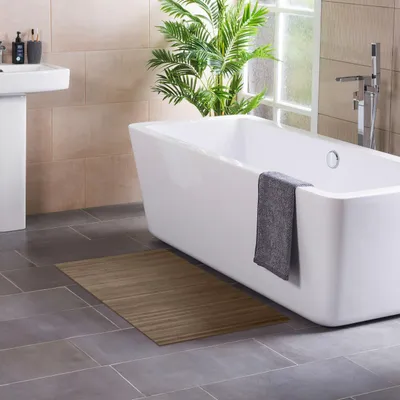 Produktbild von DE-COmmerce Bambus Badteppich LINES Taupe 70x120cm – Bambus Badematte / Badvorleger, hygienisch & pflegeleicht, fußwarm, für Fußbodenheizung