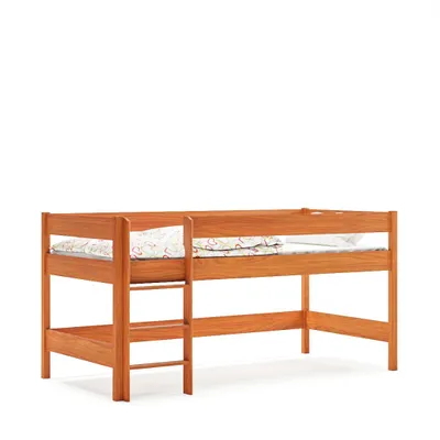 Produktbild von Hochbett 140x70 Kinderbett mit Rausfallschutz & Lattenrost teak 70 x 140 für Mädchen und Jungen Massivholz Kiefer und MDF Möbelplatte,