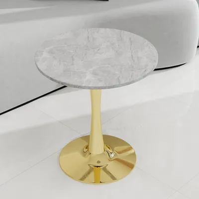Zdjęcie produktu dla Okrągły stół jadalny, średnica 70 cm, stół kuchenny dla 2–4 osób, wygląd marmuru, złoty, nowoczesny styl mid-century, solidny stół jadalny, stół do jadalni, biało-szary
