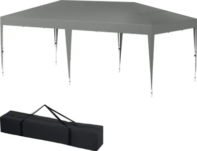 A gray pop-up canopy tent and its black carrying bag are shown against a white background.