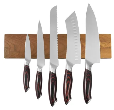 Obrázek produktu pro Sada 6 nožů SucceBuy s magnetickým držákem, nože z uhlíkové nerezové oceli, kuchyňské nože s ergonomickými a odolnými rukojeťmi, magnetická lišta v elegantním provedení imitujícím ořechové dřevo