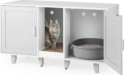 Produktbild von GOPLUS 3 in 1 Katzenschrank, Katzentoilette mit 2 Türen & abnehmbaren Beinen & herausnehmbarem Kratzbrett, Beistelltisch für 2 Katzen (Grau)