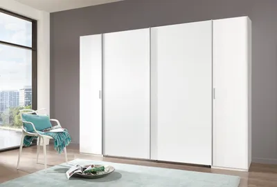 Produktbild von Dreh-/Schwebetürenschrank "Lotto" in WEISS mit 4 Türen und 10 Einlegeböden. Abmessungen (BxH) 272x210 cm