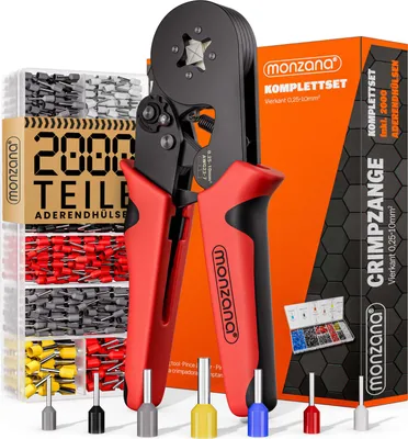 A crimping tool and a box of assorted wire ferrules are displayed against a white background.