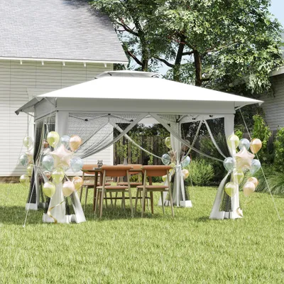 Image de UISEBRT Pavillon pop-up blanc 4 x 4 m, pavillon pliable à montage rapide à l'aide d'un seul bouton, double toit et aération, moustiquaire, imperméable et protection UV, avec panneaux latéraux, sac inclus