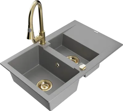 Produktbild von Mexen Gaspar 1,5-Becken-Granitspüle mit Abtropffläche und Mischbatterie Elia, Grau - 6507-71-670101-50