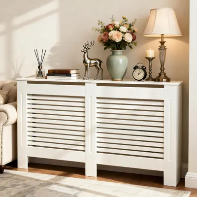 Image de FATIVO Cache-radiateur 152x19x101cm: Cache-radiateur extra haut blanc avec finition effet bois, en MDF épaissi, lattes horizontales