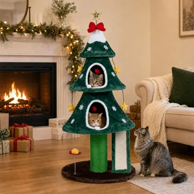 Imagen del producto de COSTWAY, árbol de Navidad para gatos de 137 cm, rascador con 2 escondites, poste rascador, superficie rascadora y bola colgante. Mueble para gatos con diseño de árbol de Navidad. Torre para gatos