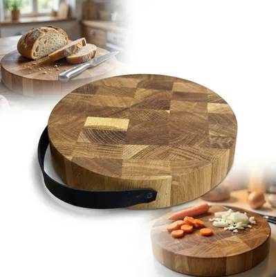 Produktbild von RUNDES EICHENHOLZBRETT SZTORCOWA, Durchmesser 20 cm, mit Schneidegurt END GRAIN