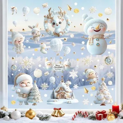 Produktbild von Unyqoos® Selbstklebende, wiederverwendbare Weihnachts-Fenstersticker (9 Bögen) aus PVC – Weihnachtsmann, Rentiere, Schneemänner & Tannen, beidseitig sichtbar für Fenster & glatte Flächen